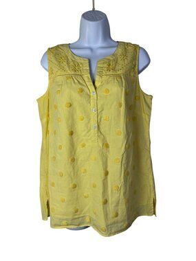 Talbots Yellow Sleeveless Embroidered Polka Dot Top Medium Boho 100% Cotton